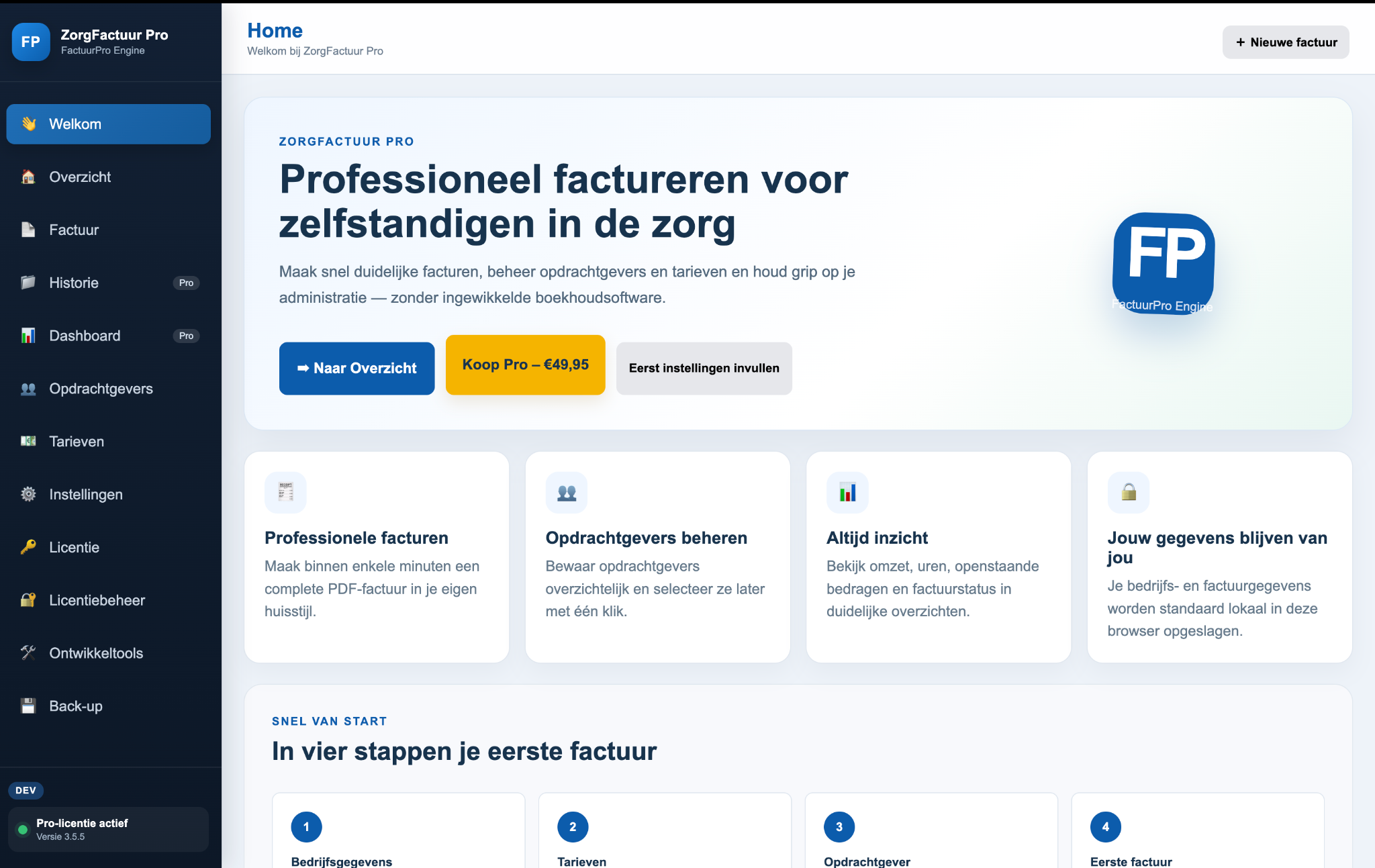 Startscherm van ZorgFactuurPro
